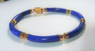 14K 585 Gold Lapis Lazuli Antique Bracelet 6 Panel Link Asian Clasp Chinese 7.  5 
