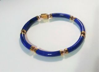 14K 585 Gold Lapis Lazuli Antique Bracelet 6 Panel Link Asian Clasp Chinese 7.  5 