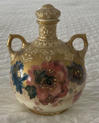 Antique Royal Crown Derby Porcelain 2 Handled Vase Lid Orientalist Flowers Gold