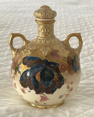 Antique Royal Crown Derby Porcelain 2 Handled Vase Lid Orientalist Flowers Gold 2