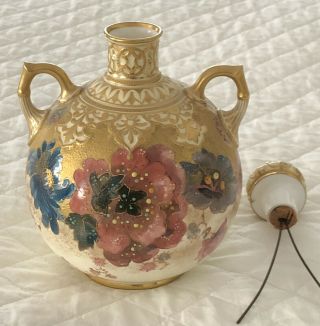 Antique Royal Crown Derby Porcelain 2 Handled Vase Lid Orientalist Flowers Gold 3