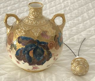 Antique Royal Crown Derby Porcelain 2 Handled Vase Lid Orientalist Flowers Gold 4