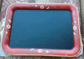 Repurposed Vintage Metal Tray Chalkboard Red With Yellow Flowers 18x13 Rectangle