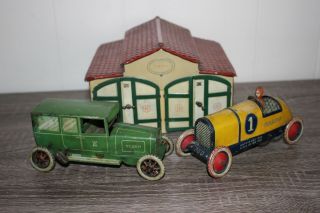 Antique Germany Tin Lehmann Autohutte W/ Sedan Car And Galop Racer Wind Up Toy