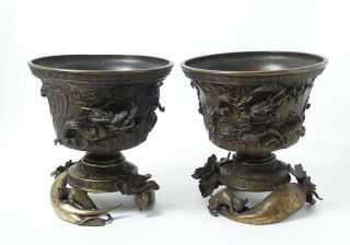 Fine Pair Antique 19th Century Japanese Bronze Censers - Signed To Base