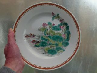 FINE ANTIQUE CHINESE PORCELAIN FAMILLE ROSE DUCKS LOTUS POND PLATE SIGNED QING 3