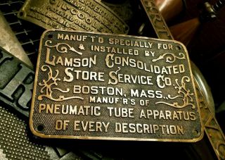 Lamson Consolidated Store Service Pneumatic Tube Boston Antique Brass Plaque
