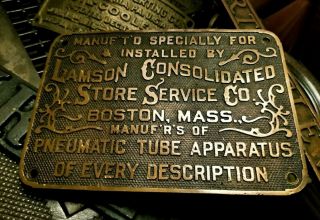 Lamson Consolidated Store Service Pneumatic Tube Boston Antique Brass Plaque 2