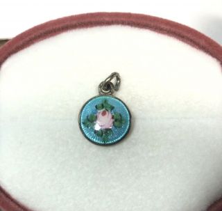 Vintage Tiny Sterling Silver Enamel Guilloche Rose Charm Bracelet Charm