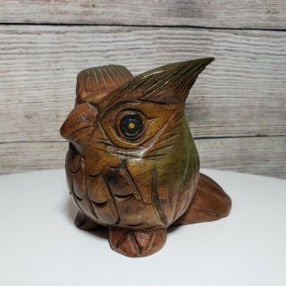 Vtg Owl Hand Carved Wooden Sculpture Figure