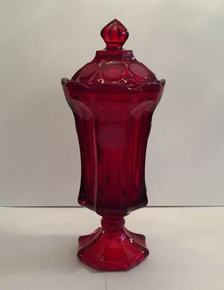 Vintage Fostoria Coin Glass Ruby Red Footed Compote Candy Dish Urn & Lid 13 "