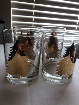 Vintage Set Of 4 Gold Christmas Tree Cocktail Rocks Glasses By George Briard.