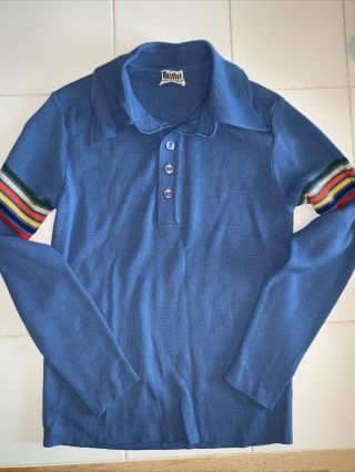 Meister Ski Sweater Vintage 1970s Blue With Stripes Unisex Medium Men 