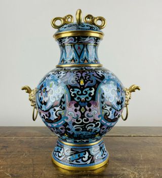 Chinese Bronze Cloisonne Enamel Vase With Lion Dog Handles & Cover 30cm