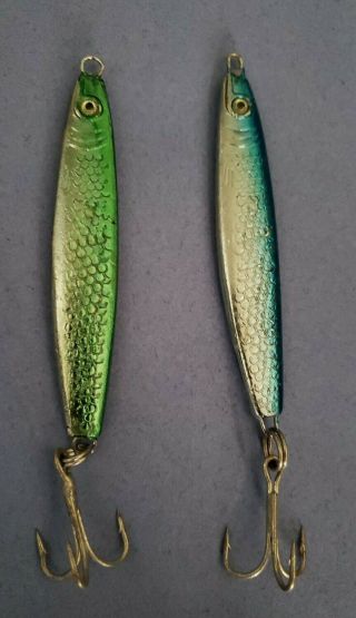 2 Vintage 2oz Gibbs Minnow Hammered Jigging Spoons (green/chrome,  Blue/chrome)