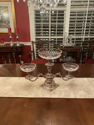 Reed Barton 165 Silverplate Epergne Centerpiece Candelabra Tazza,  Crystal Bowls