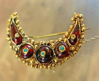 Antique Georgian High Carat Gold Garnet Turquoise Crescent Cannetille Brooch Pin