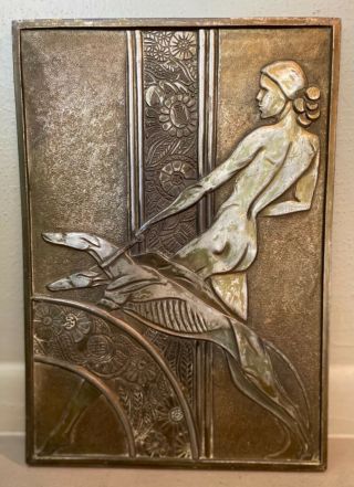 Vintage Merit Co.  Chicago Art Deco Metal Plaque With Nude & Whippet Dog