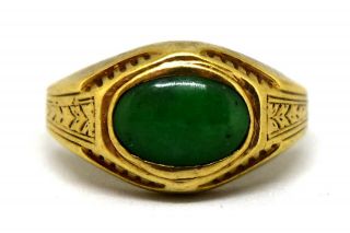 Antique Chinese 14k Solid Gold And Natural Jade Ring Size 8