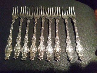 9 Whiting 1902 " Lily " Sterling Silver Cocktail Oyster Forks 5 3/4”