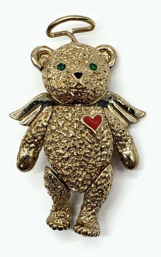 Vintage Signed Batya Gold Tone Angel Teddy Bear Pendant Pin Brooch Charm