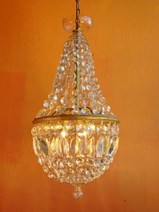 Antique French Crystal Basket Chandelier With Glass Bottom & Top - 3 Lights