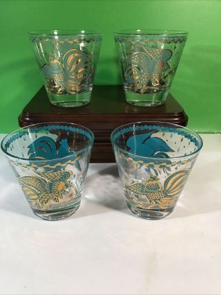 Vtg Mcm Low Ball Gold Gilded Fighting Cock Cocktail Rocks Drinking Glasses 3.  5”