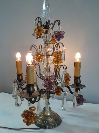Antique French Brass And Crystal Girandoles Candelabra With Grapes