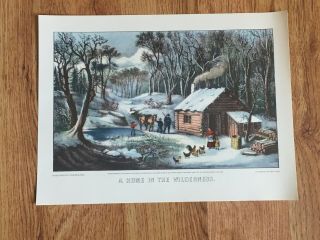 Vintage Currier And Ives Color Art Print " A Home In The Wilderness " 9 X 12 Inch