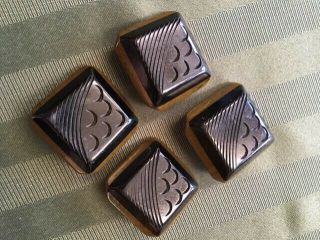 Matching Set Of 4 Large Carved Vintage Bakelite Buttons,  Sqaure,  Black And Olive
