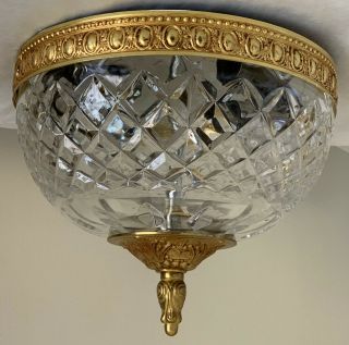 Vintage Italian Crystal Clear Glass Brass Chandelier Flush Mount 8” Italy