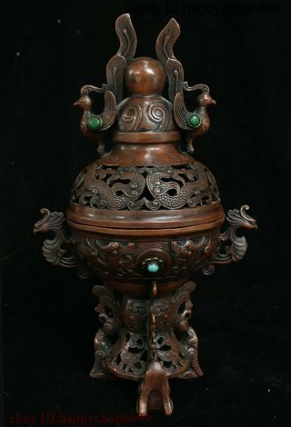 Ancient China Dynasty Bronze Inlay Gem Dragon Phoenix Lion Incense Burner Censer