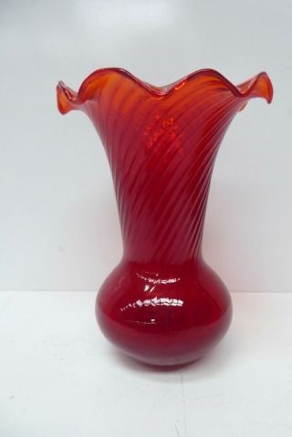 Vintage Swirled Red Art Glass Vase Ruffled Top