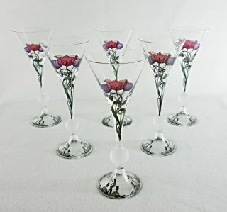 Large Antique Baccarat Flawless Crystal 6 X Cocktail Goblet W/ Painted Poppies