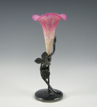 Antique England Peachblow Agata Lily Or Trumpet Art Glass Vase In Sp Holder