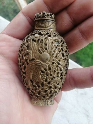Old vintage antique Chinese bronze copper snuff bottle curved 2