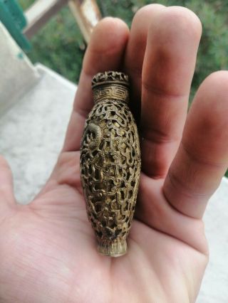 Old vintage antique Chinese bronze copper snuff bottle curved 5