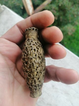 Old vintage antique Chinese bronze copper snuff bottle curved 6