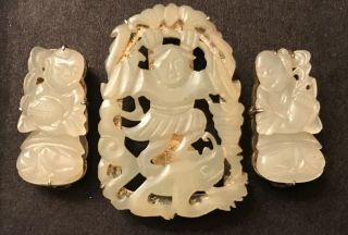 Sterling Silver Green Jade Buddha Chinese Export Carved Figural Fur Clip Set 7