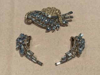 Vintage Blue Rhinestone Floral Brooch And Earring Set Unsigned