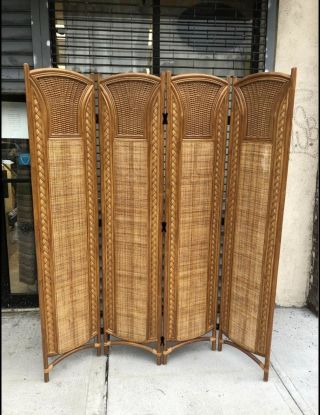 Vintage Bamboo 4 Panel Rattan Wicker Room Divider Width 63.  5 Height 74.  5