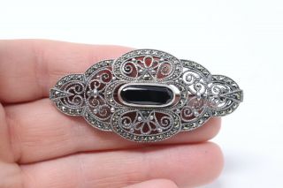 A Pretty Vintage Art Deco Style Sterling Silver 925 Onyx & Marcasite Brooch