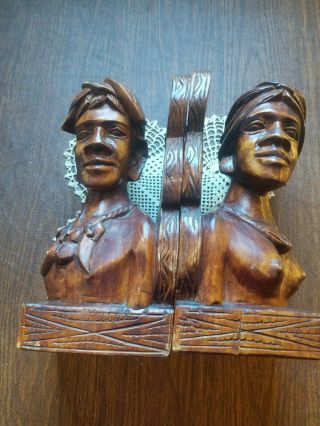 Vintage Hand Carved Wooden African Man Woman Head Bust Tribal Bookends
