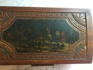 Vintage Carved Cedar Box With English Hunt Scene 11x6.  5x4.  5”