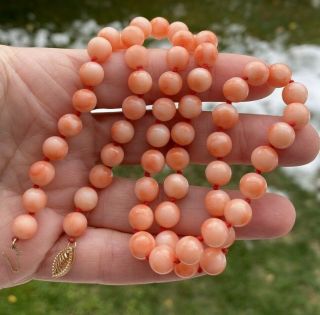 Estate Vintage Pink Coral Bead 14k Gold 22” Necklace,  7.  8mm Beads,  40 Grams