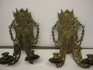 Vintage French Brass Empire Style Wall Sconce Winged Dragons King Royals Pair