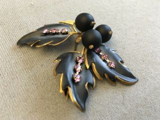 Antique Brooch Pin Made In Austria Art Deco Black Enamel Gold Pink Rhinestones