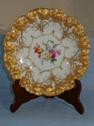 Antique Meissen Porcelain Raised Heavy Gold Leaf And Grapes Bowl Plate Floral
