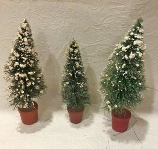 (3) Vintage Old Bottle Brush Christmas Trees With Red Wooden Pots