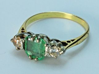18 Ct Gold Platinum Set Art Deco Diamond & Emerald Antique Ring Size M.  5